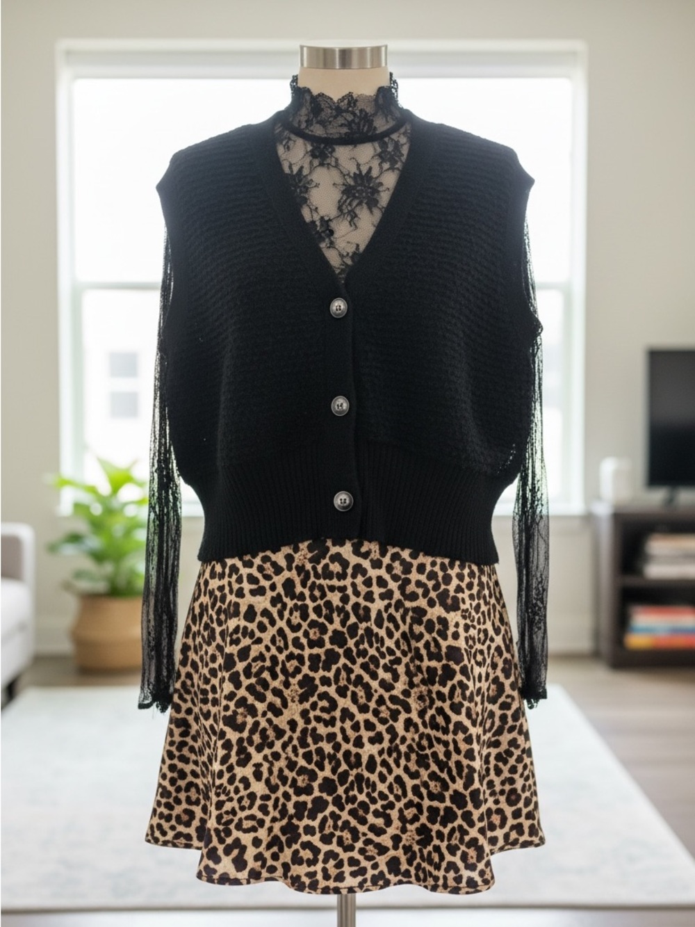 Black Button-Front Women’s Sweater Vest with Lace Sleeves & Skirt